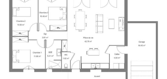 Plan de maison Surface terrain 75 m2 - 4 pièces - 3  chambres -  avec garage 