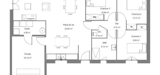 Plan de maison  - 4 pièces - 3  chambres -  avec garage 