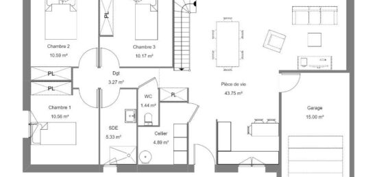 Plan de maison Surface terrain 90 m2 - 3 pièces - 3  chambres -  avec garage 