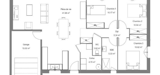 Plan de maison Surface terrain 65 m2 - 2 pièces - 3  chambres -  avec garage 