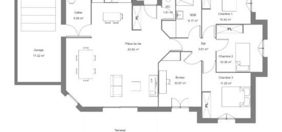 Plan de maison Surface terrain 90 m2 - 4 pièces - 4  chambres -  avec garage 