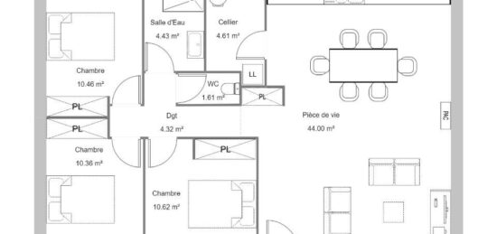 Plan de maison Surface terrain 75 m2 - 3 pièces - 3  chambres -  sans garage 