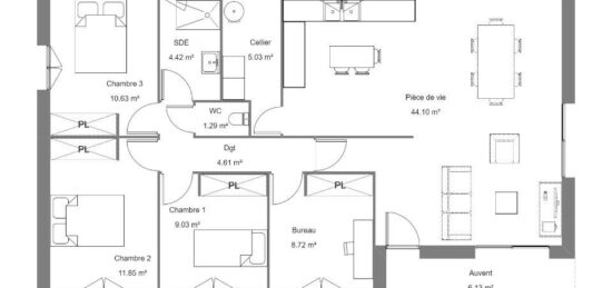 Plan de maison Surface terrain 80 m2 - 3 pièces - 3  chambres -  sans garage 