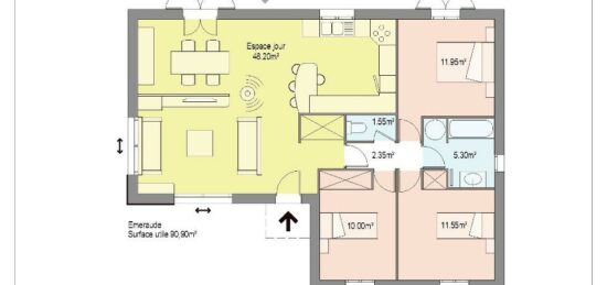 Plan de maison Surface terrain 90 m2 - 4 pièces - 3  chambres -  sans garage 