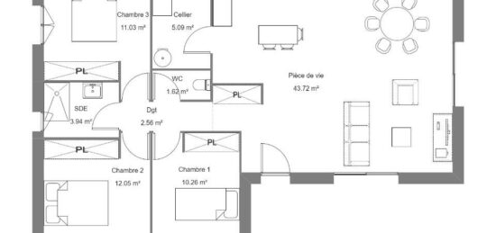 Plan de maison Surface terrain 90 m2 - 4 pièces - 3  chambres -  sans garage 