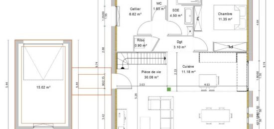 Plan de maison Surface terrain 94 m2 - 2 pièces - 2  chambres -  avec garage 