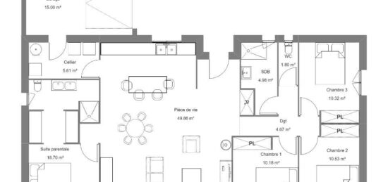 Plan de maison Surface terrain 115 m2 - 5 pièces - 4  chambres -  avec garage 