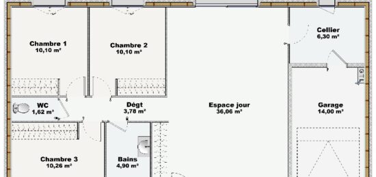 Plan de maison Surface terrain 83 m2 - 5 pièces - 3  chambres -  avec garage 