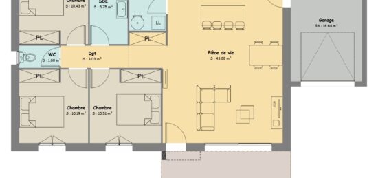 Plan de maison Surface terrain 70 m2 - 2 pièces - 3  chambres -  avec garage 