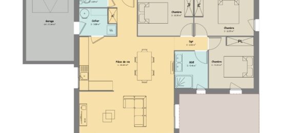 Plan de maison Surface terrain 80 m2 - 3 pièces - 3  chambres -  avec garage 