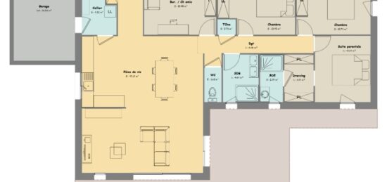 Plan de maison Surface terrain 115 m2 - 4 pièces - 4  chambres -  avec garage 